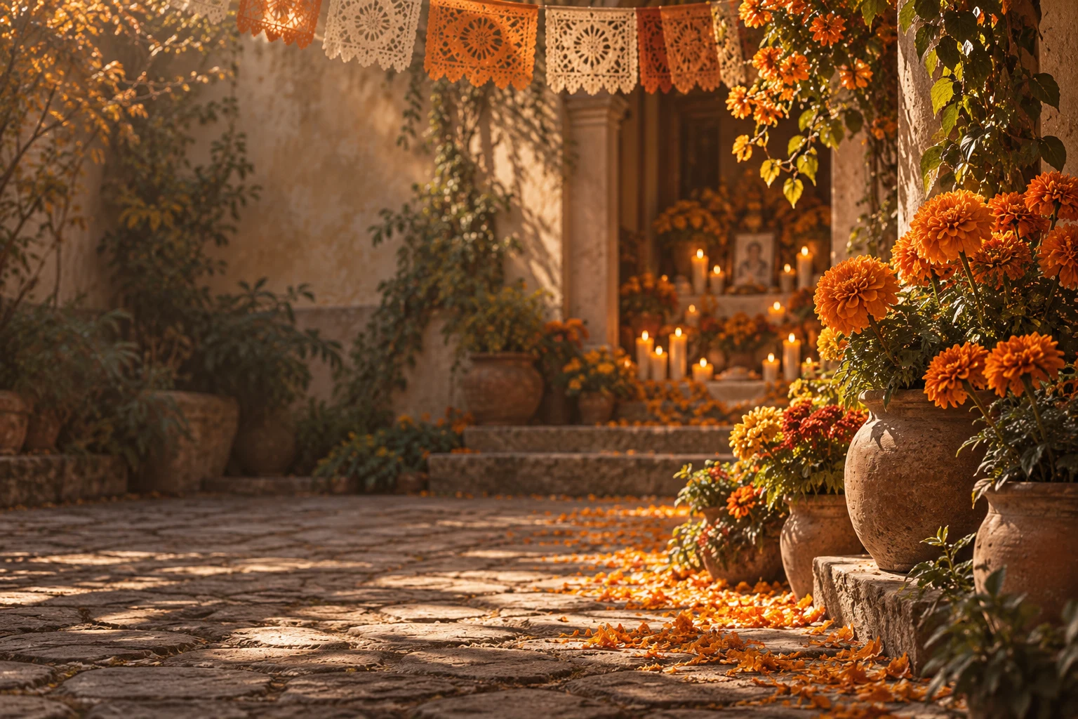 Orange cempasúchil marigolds in clay pots beside a petal path and a softly lit ofrenda in an illustrative courtyard scene.