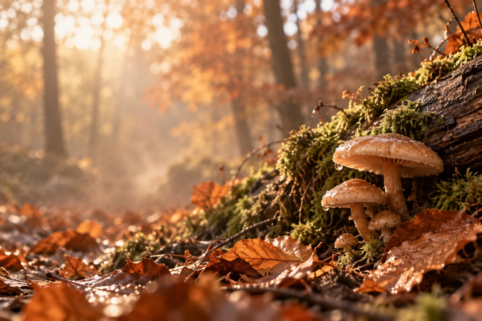 Small tawny mushrooms beside a mossy log and wet autumn leaves in an illustrative woodland scene.