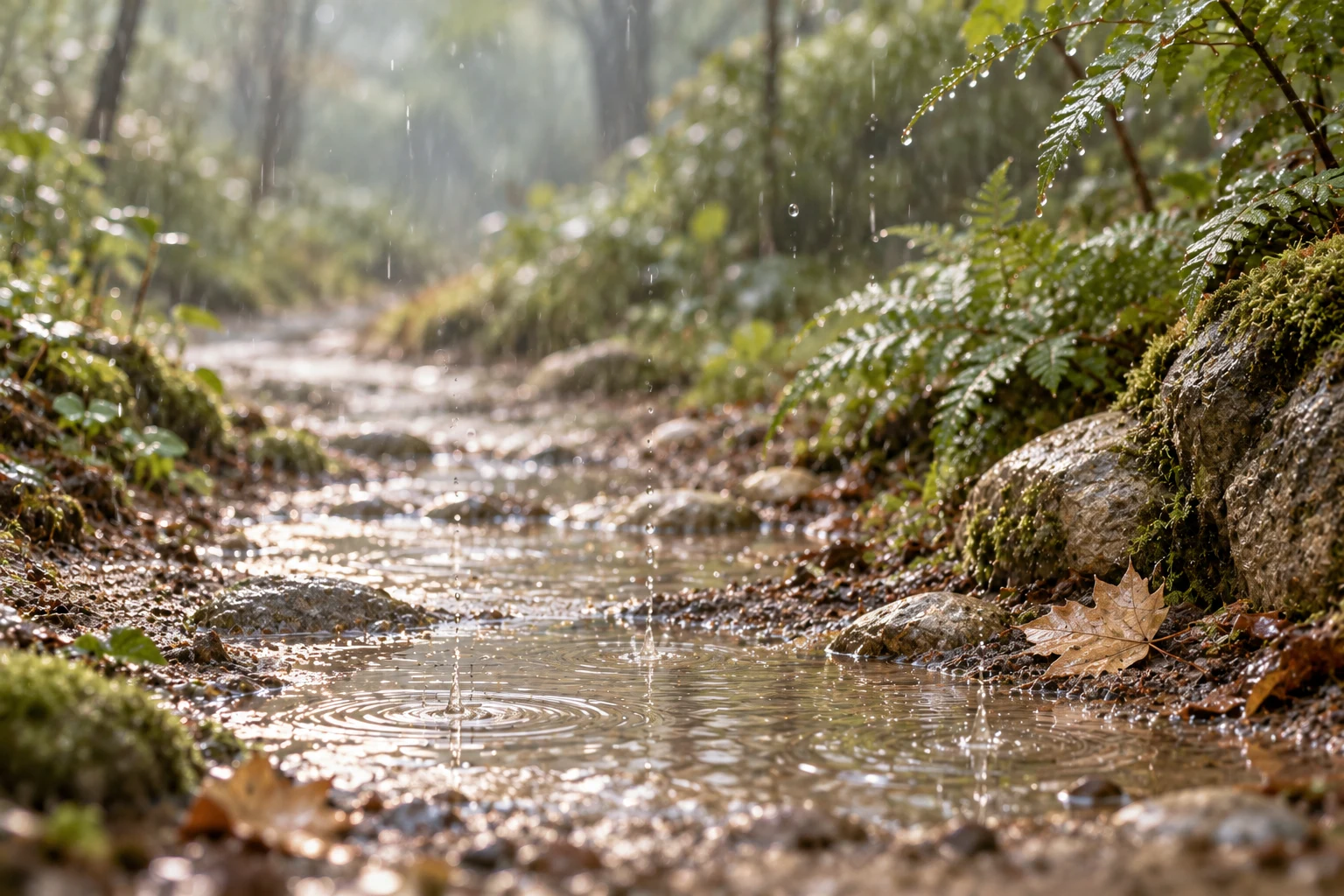 Gentle rain splashing into a woodland puddle beside damp soil, sage-green moss, and ferns.