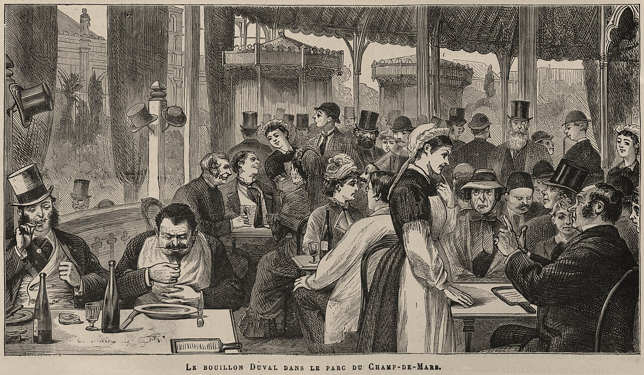 Engraving of diners and waitresses at the Bouillon Duval restaurant at the 1878 Paris World Fair.