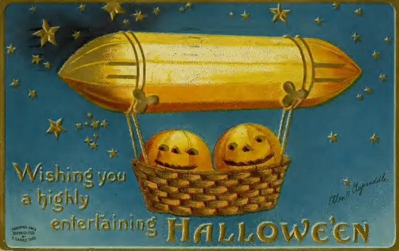 An early Halloween postcard showing two jack-o’-lantern passengers suspended beneath a golden dirigible.