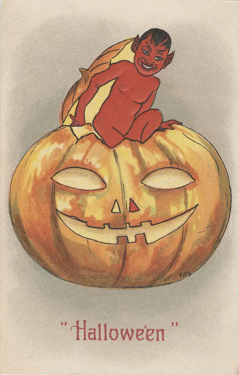 A 1908 Halloween postcard showing a red devil perched on a grinning jack-o’-lantern.