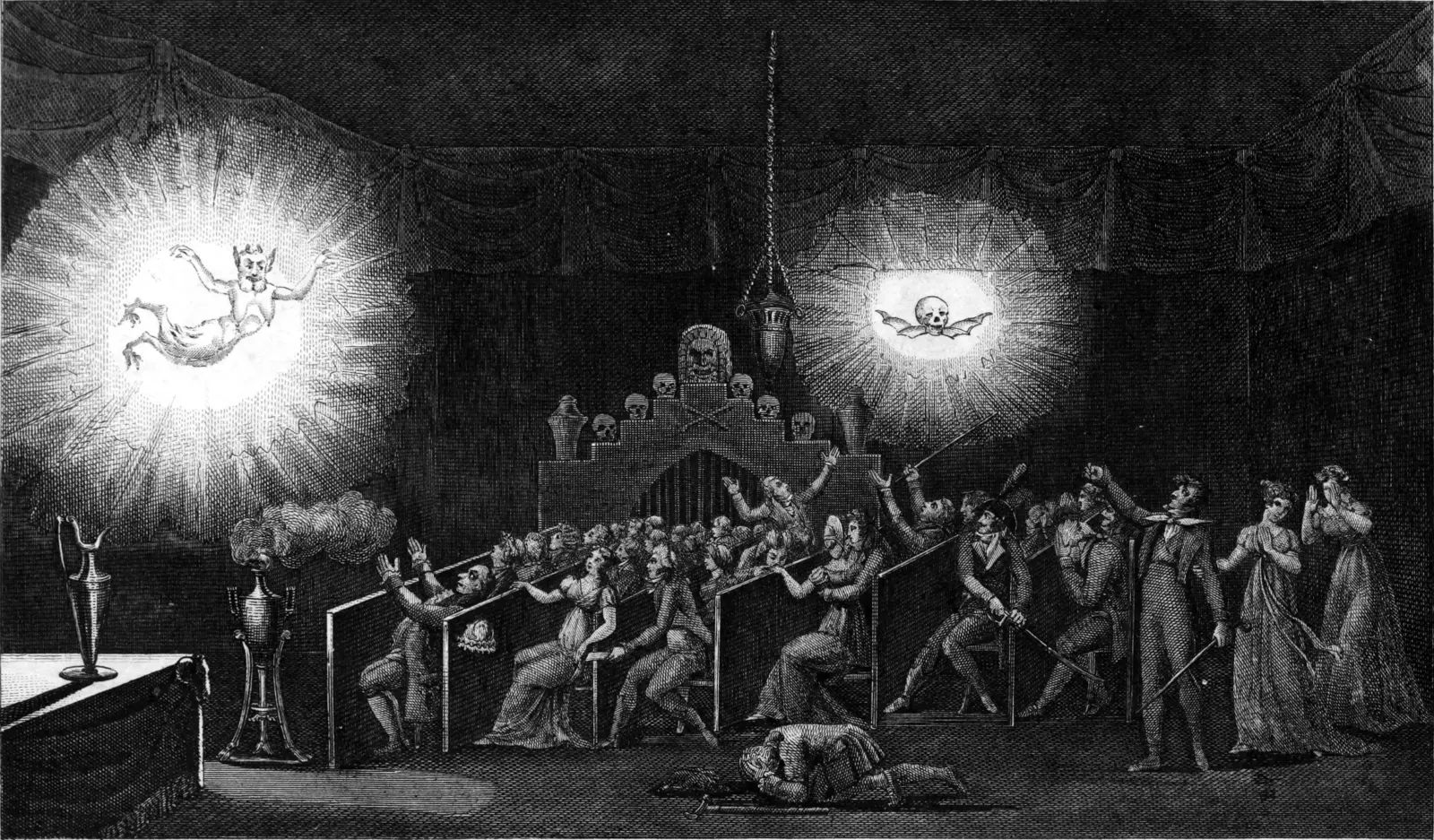 A dark theater where a seated audience recoils from two bright projected apparitions.