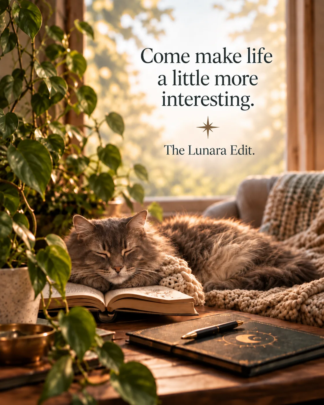 A cat asleep on an open book in a sunny window, captioned “Come make life a little more interesting”