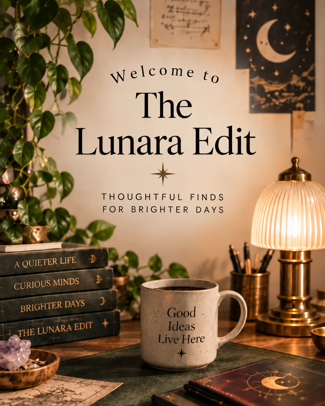 A candlelit desk with stacked books and a mug reading “Good ideas live here”, captioned “Welcome to The Lunara Edit — thoughtful finds for brighter days”