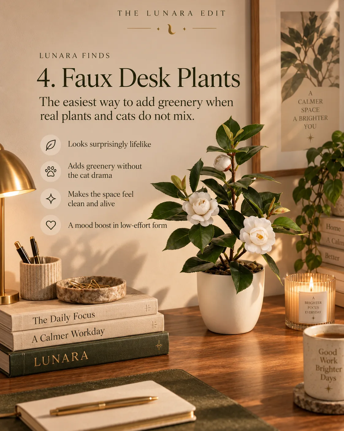 A faux white camellia plant in a ceramic pot beside a lit candle and stacked books