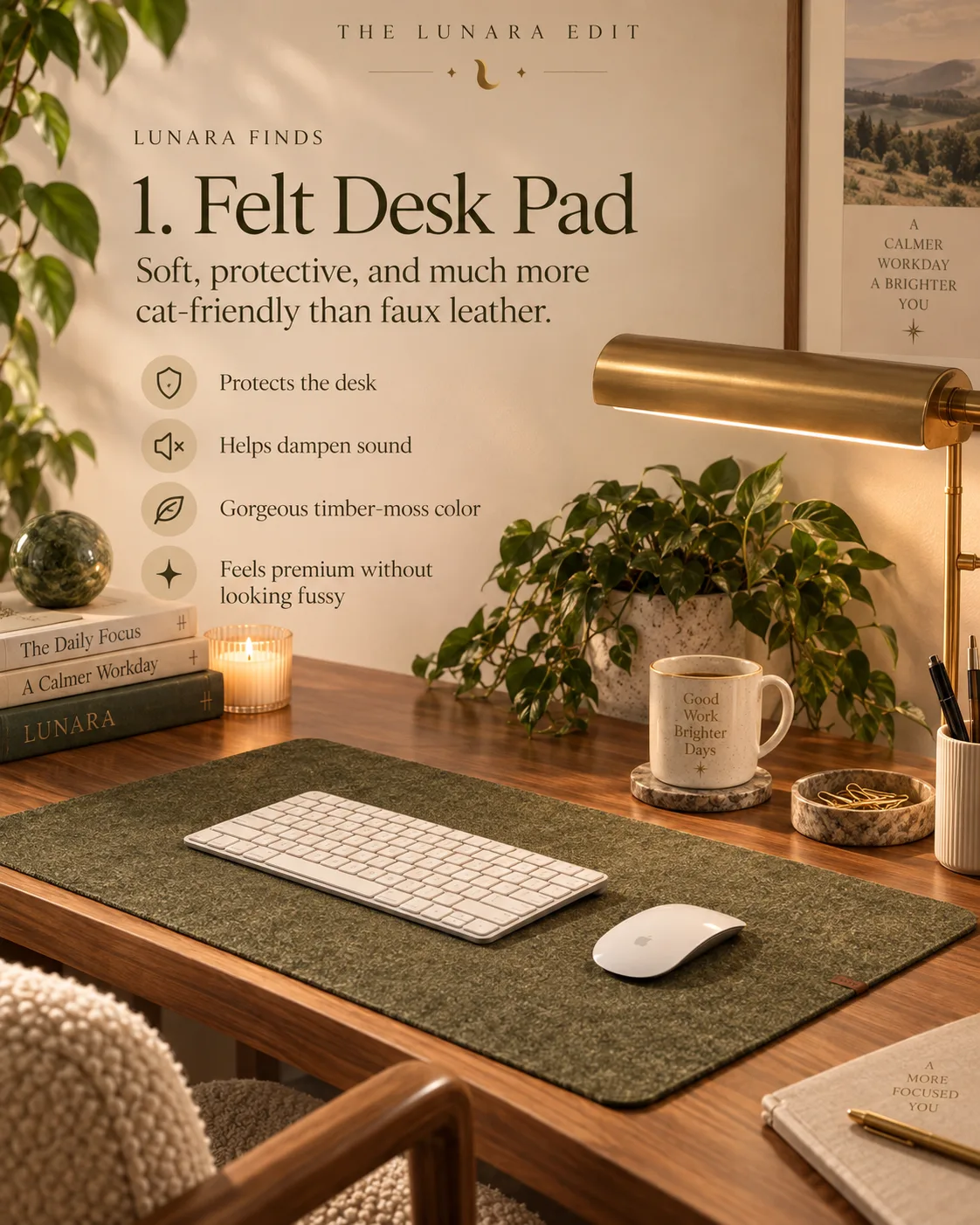 A moss-green felt desk pad under a white keyboard and mouse on a wooden desk