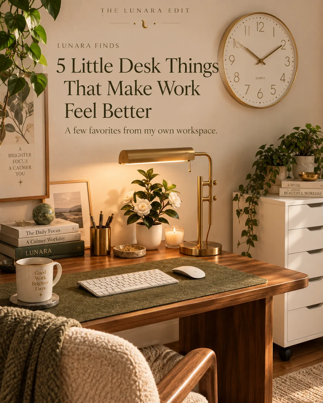A warm home office with a brass lamp, felt desk pad, and wall clock, titled “5 little desk things that make work feel better”