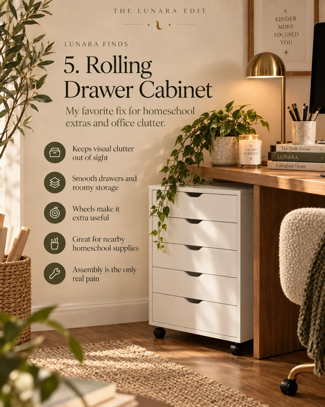 A white five-drawer rolling cabinet tucked beside a wooden desk, topped with a trailing plant and candle