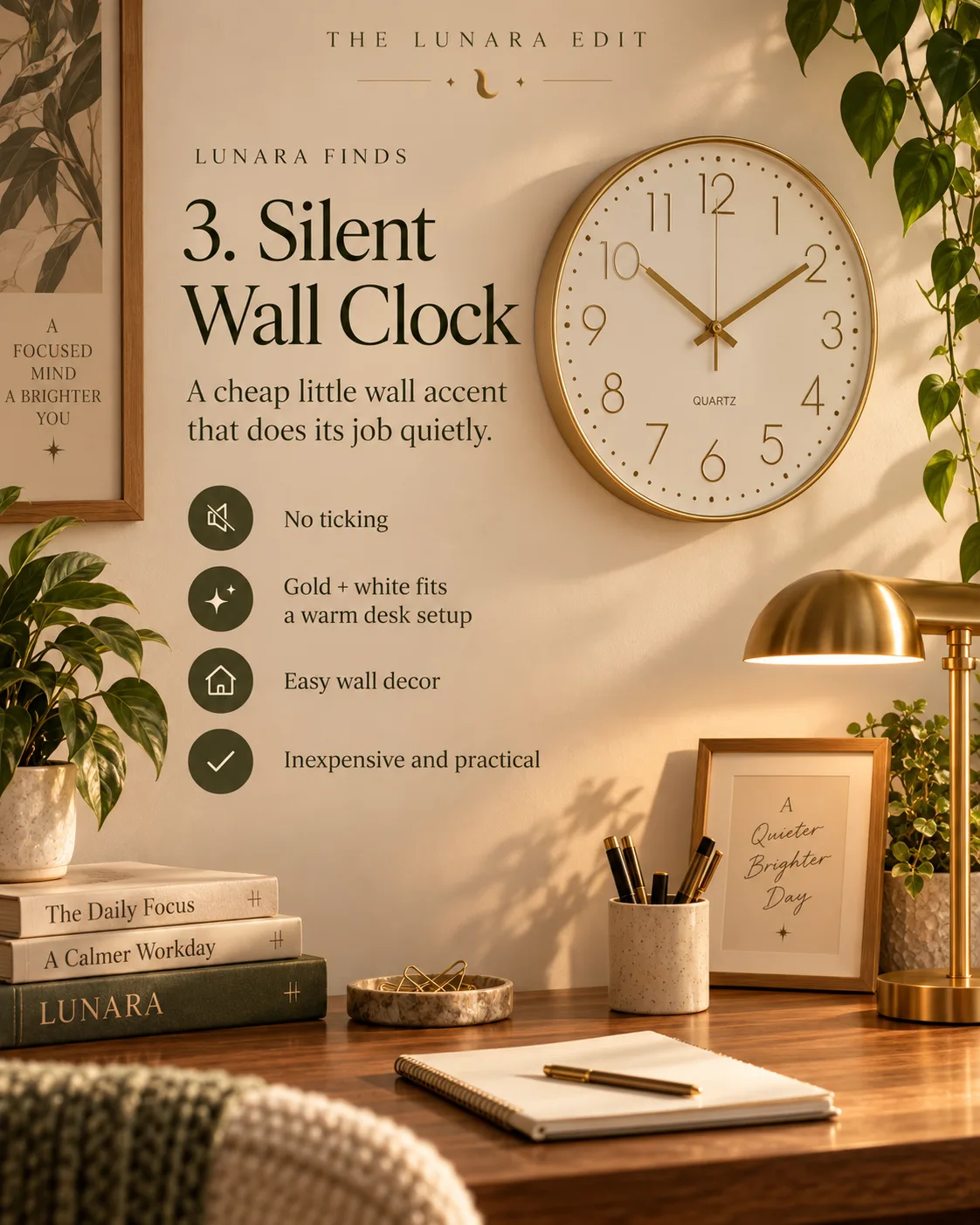 A gold and white wall clock above a desk with a pen pot and stacked books