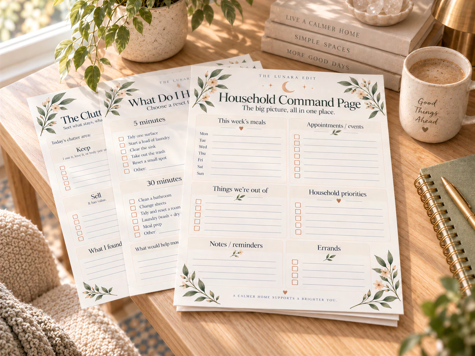 The Household Command Page, with spaces for this week’s meals, appointments, things we’re out of, household priorities, and errands, on a desk beside a mug and a houseplant