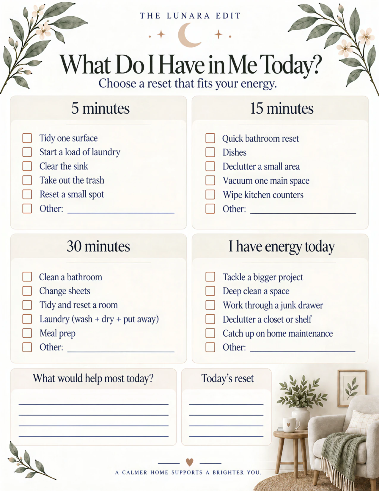 The What Do I Have in Me Today? page: reset ideas sorted into 5 minutes, 15 minutes, 30 minutes, and I have energy today, from clearing the sink to working through a junk drawer, with spaces for what would help most and today’s reset