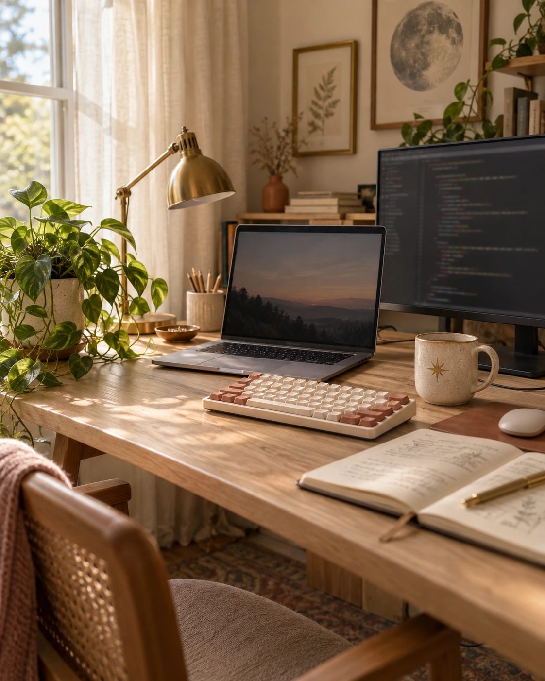 A sunlit home workspace with a laptop, monitor, cream and rose keyboard, brass lamp, plants, and notebook.