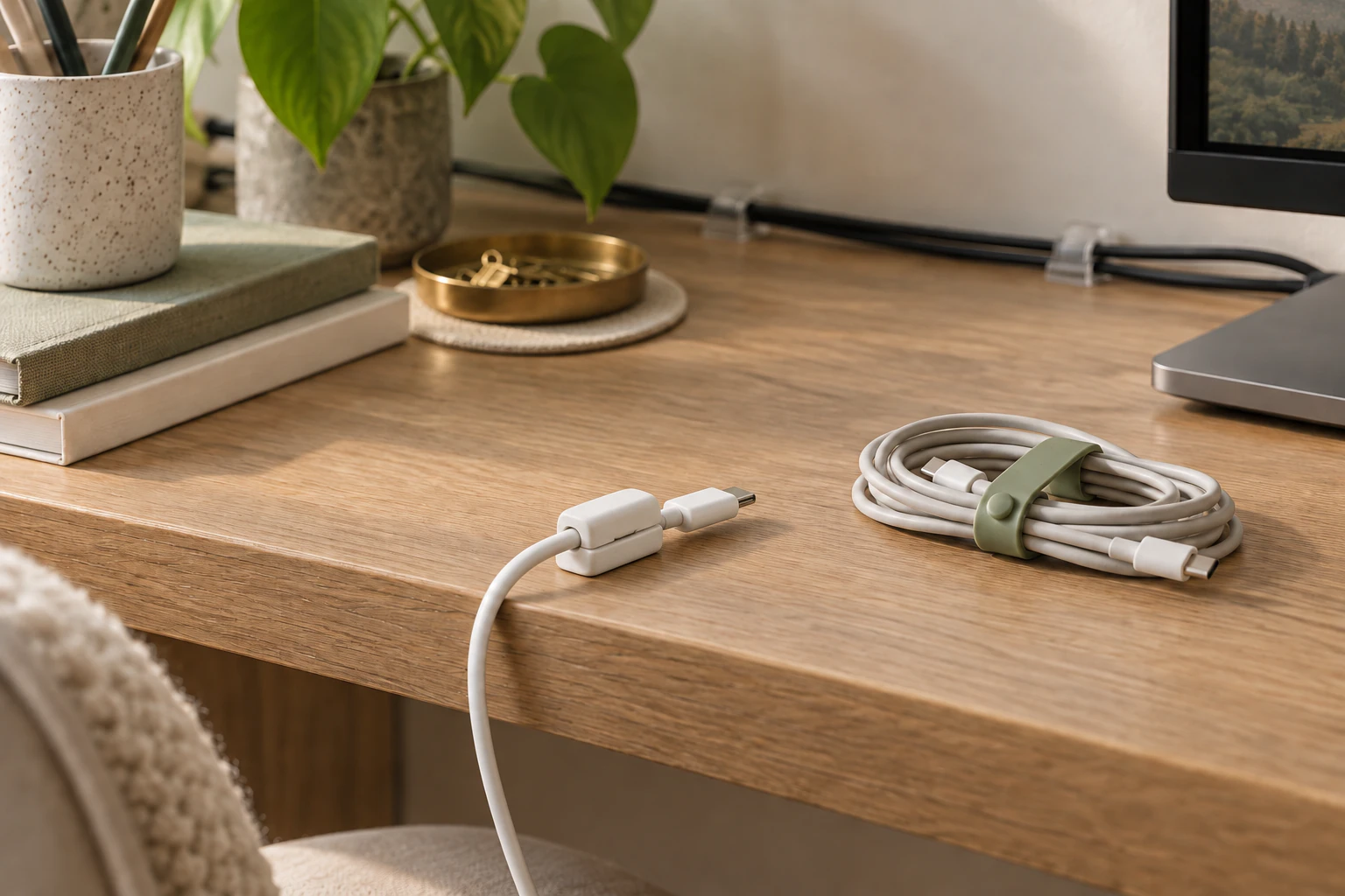 A charging cable passing through the center of a white holder, with a spare cable bundled in a sage silicone tie on an oak desk.