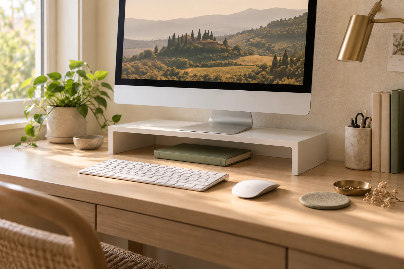 A sage journal beneath a white monitor riser, with keyboard and mouse on an oak desk beside a brass dish and linen coaster.