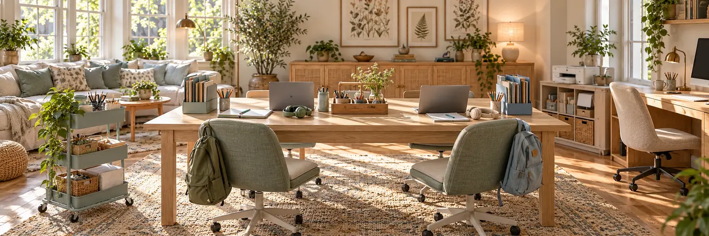 A bright shared living and homeschool room with one parent desk, a large oak table set for two older students, a printer, rolling cart, and sofa