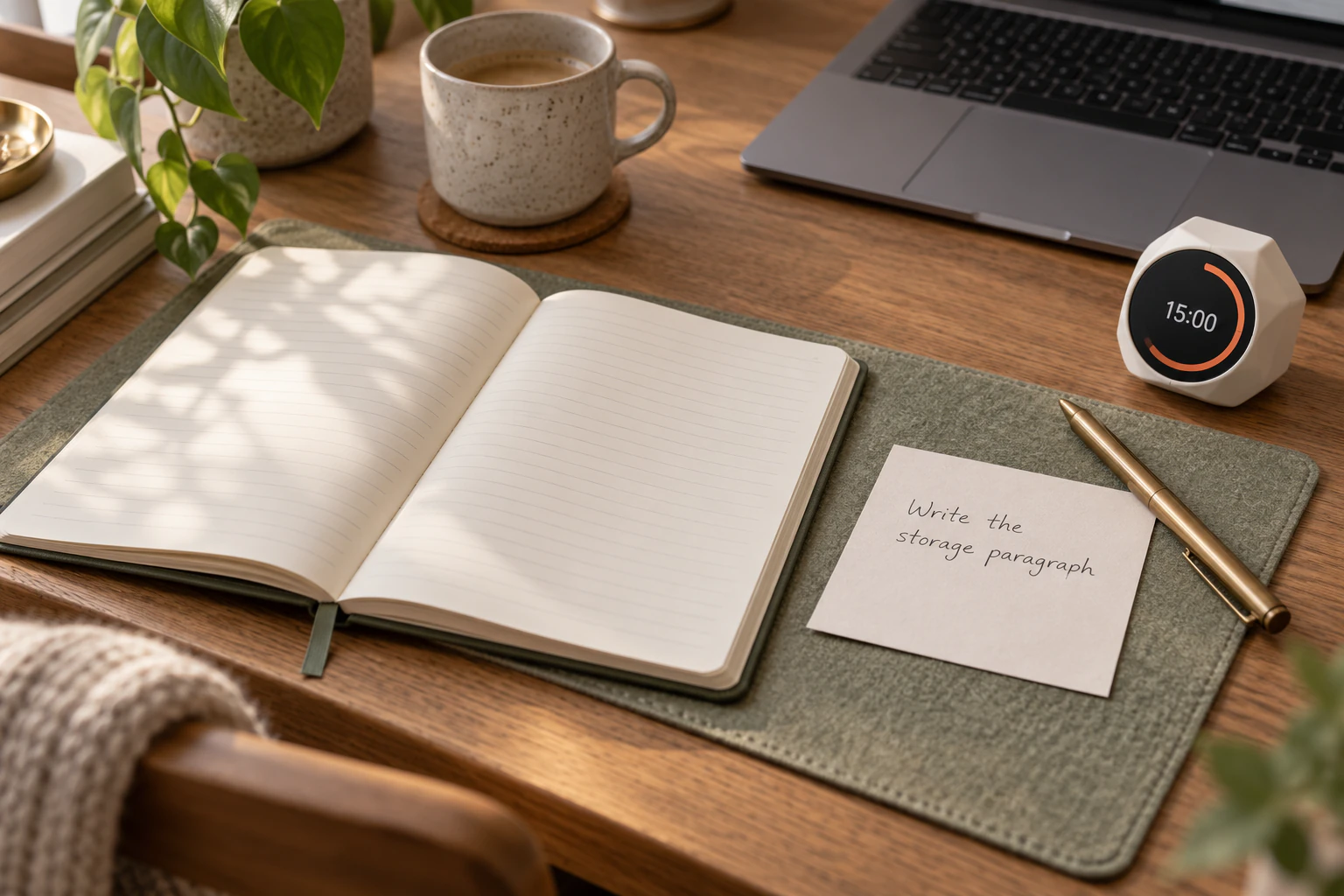 A handwritten note reading Write the storage paragraph beside an open notebook and a white desk timer showing 15:00.