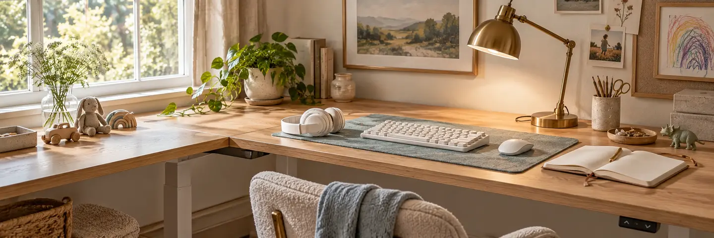 A warm light-oak corner desk with a blue-sage felt mat, cream keyboard, brass lamp, notebook, plants, and a few family keepsakes