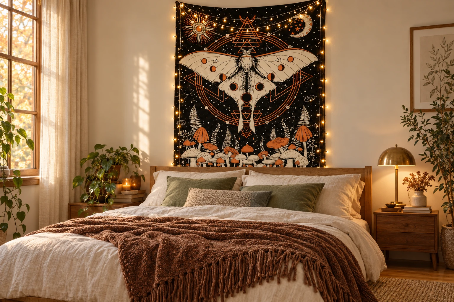 Oak bed with ivory linens, sage pillows and a brown throw beneath a black ivory and rust moth tapestry outlined with warm fairy lights