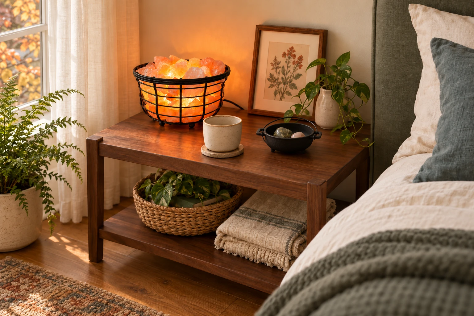 A walnut bedside table with a glowing rounded salt basket lamp, small shallow black cauldron, ceramic mug, botanical picture and leafy plant