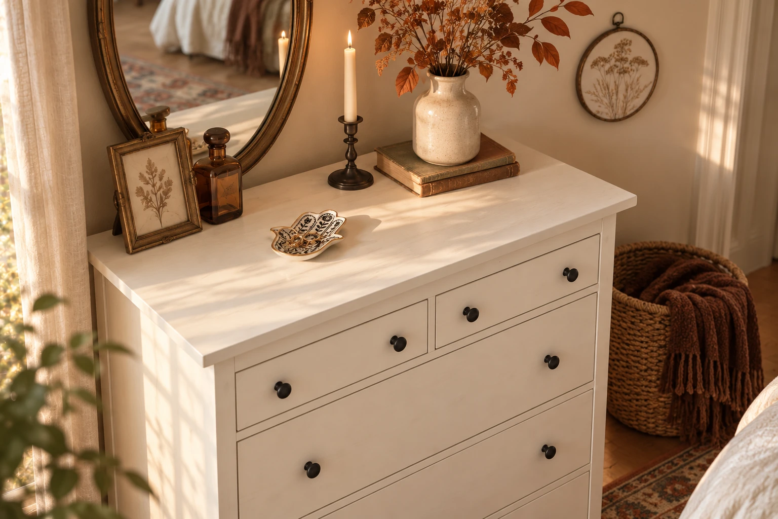Downward view of a white dresser with a small floral Hamsa jewelry dish, brass mirror, autumn stems and botanical wall hanging; a brown throw rests in a floor basket