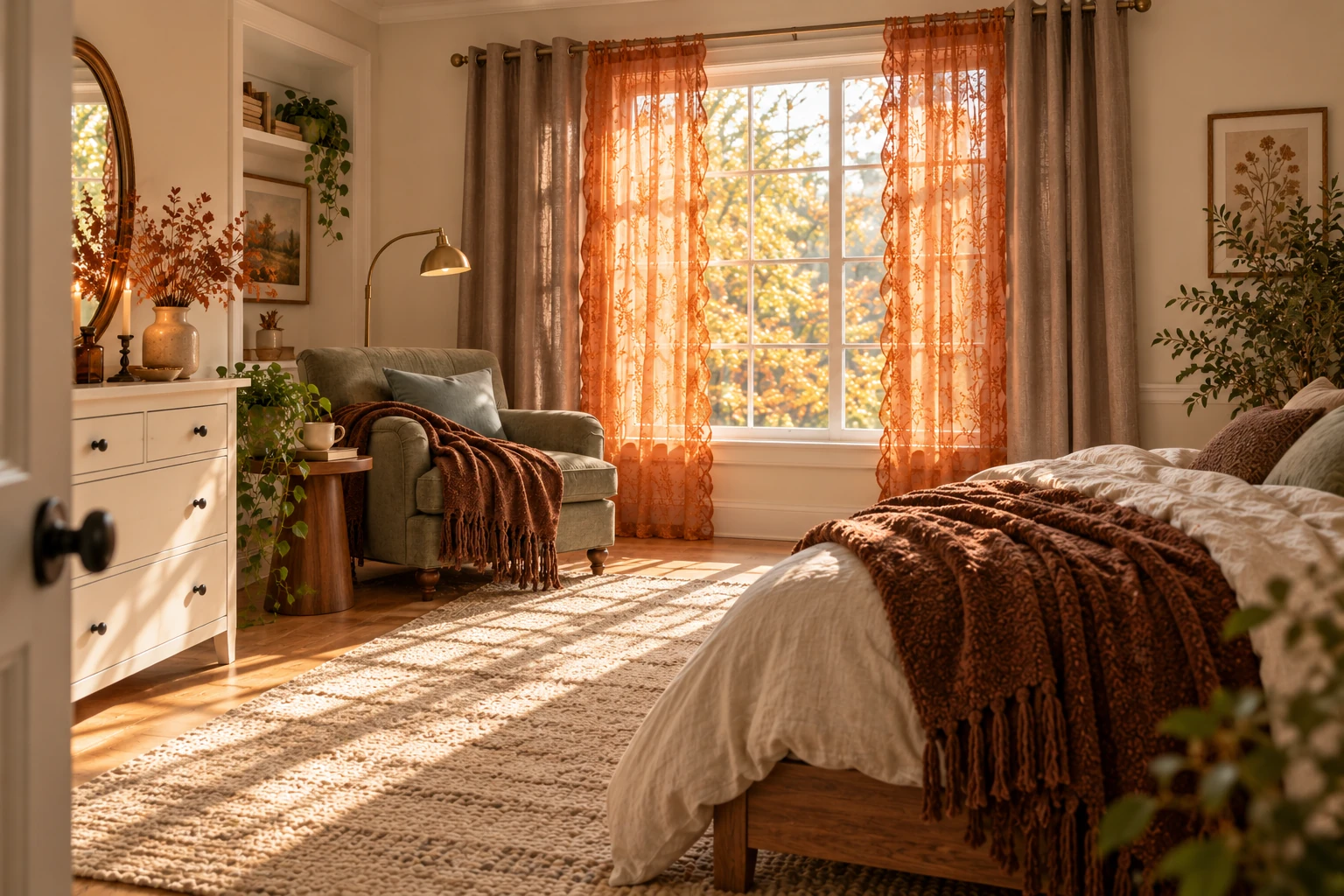 Styled autumn bedroom with an ivory bed and brown throw, a sage reading chair, white dresser, and taupe and rust curtains glowing in afternoon light