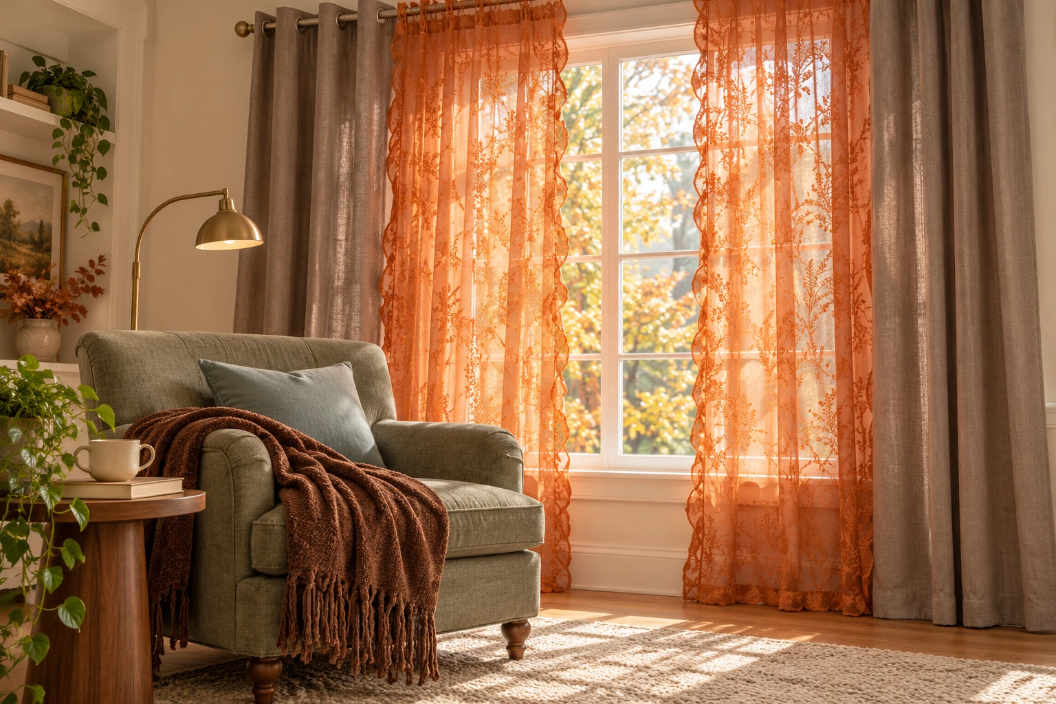 A sage upholstered reading chair with a brown fringed throw beside coffee-colored curtains and glowing rust botanical lace panels