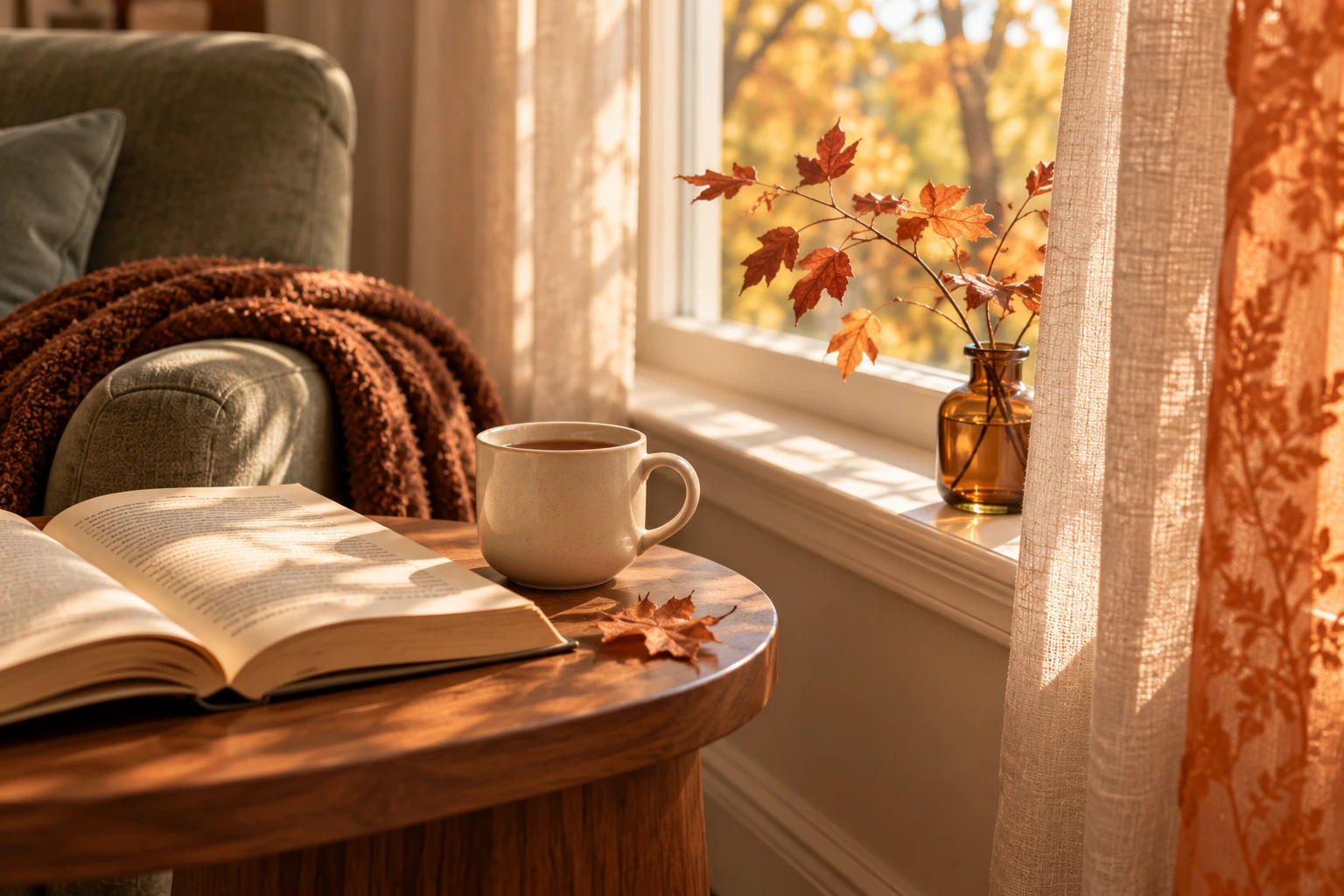 A mug of tea and an open book on a wooden table beside a sage chair, with autumn stems in an amber vase at the window
