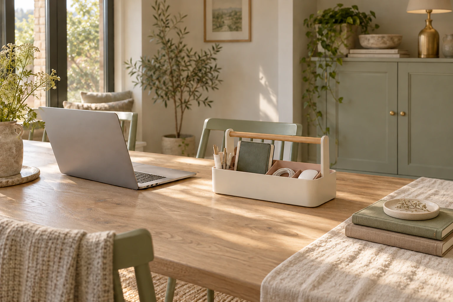 A cream portable caddy holding small work tools beside a laptop on a shared oak table with clothbound journals and a linen runner.