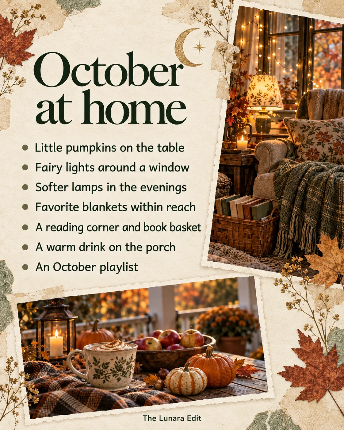 October at home: pumpkins, window fairy lights, lamps, blankets, a reading corner, porch drinks, and a playlist.