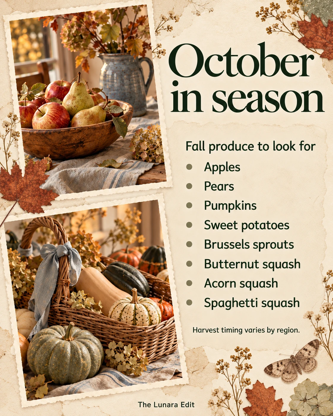 October produce: apples, pears, pumpkins, sweet potatoes, Brussels sprouts, and winter squash.