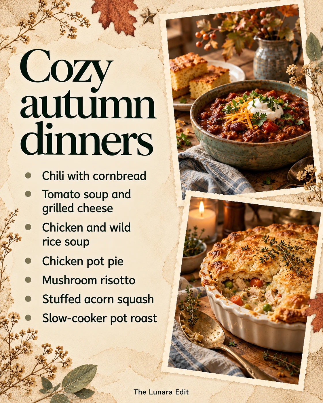 Cozy autumn dinners: chili, tomato soup, chicken and wild rice soup, pot pie, mushroom risotto, stuffed squash, and pot roast.