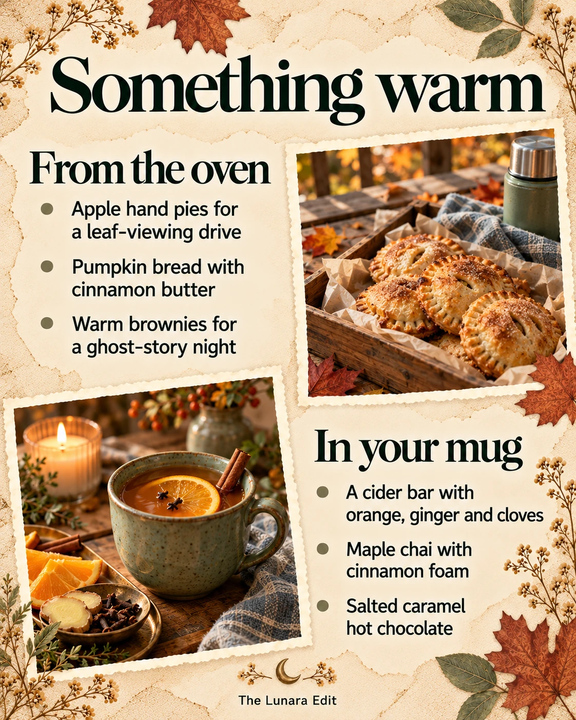Warm autumn treats: apple hand pies, pumpkin bread, brownies, spiced cider, maple chai, and salted caramel cocoa.