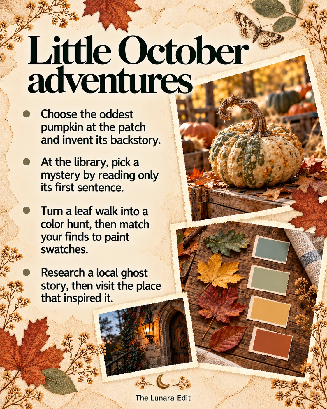 October adventures: an odd pumpkin with a backstory, library mysteries, a leaf-color hunt, and local ghost-story research.