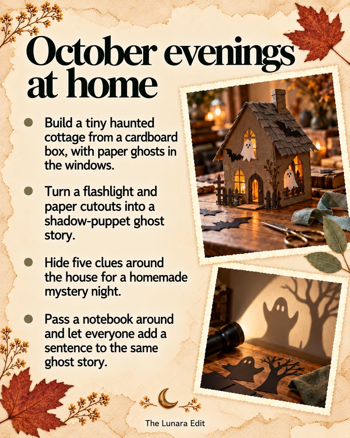 October evenings at home: a cardboard haunted cottage, shadow puppets, a five-clue mystery, and a shared ghost story.