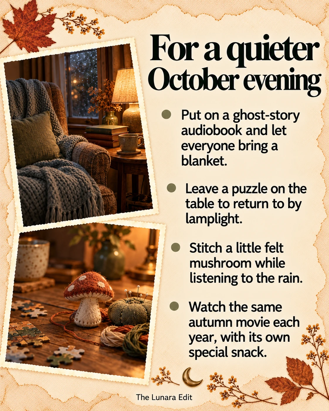 Quieter October evenings: a ghost-story audiobook, a puzzle, a felt mushroom, and an annual autumn movie.