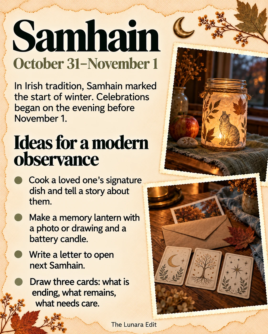 Samhain, October 31–November 1: Irish calendar history and contemporary ideas for remembrance and reflection.