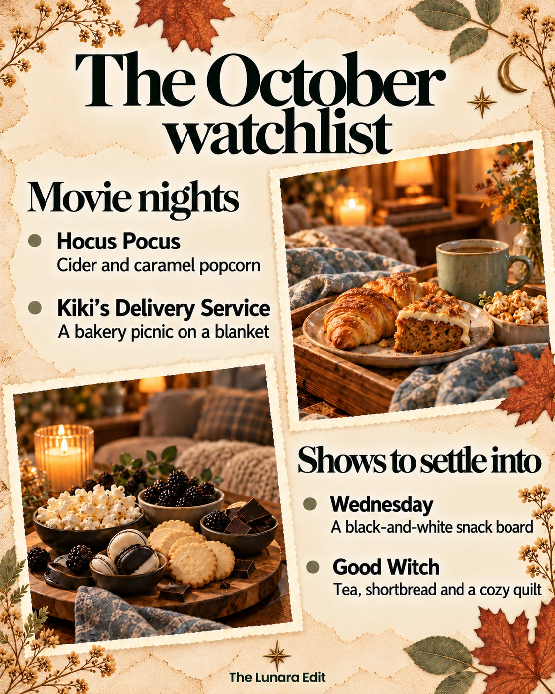 October watchlist: Hocus Pocus and Kiki’s Delivery Service as movies; Wednesday and Good Witch as shows, with snack pairings.