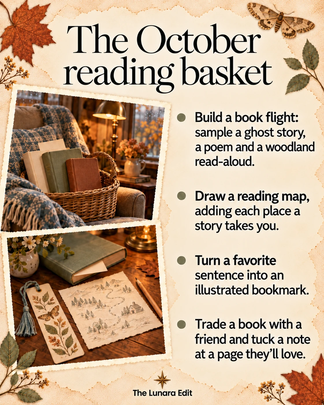 October reading: a ghost story, a poem, a woodland read-aloud, a story map, a bookmark, and a book exchange.