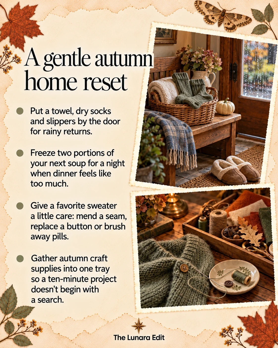 Gentle autumn home reset: supplies for rainy returns, soup portions, sweater mending, and a small craft tray.