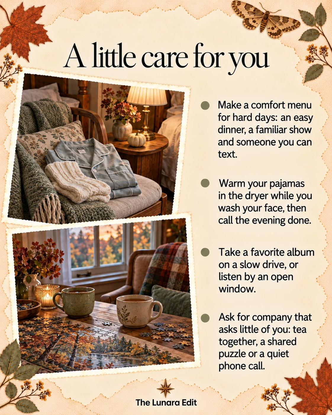 Self-care for October: a comfort menu, warm pajamas, a favorite album, and quiet company.