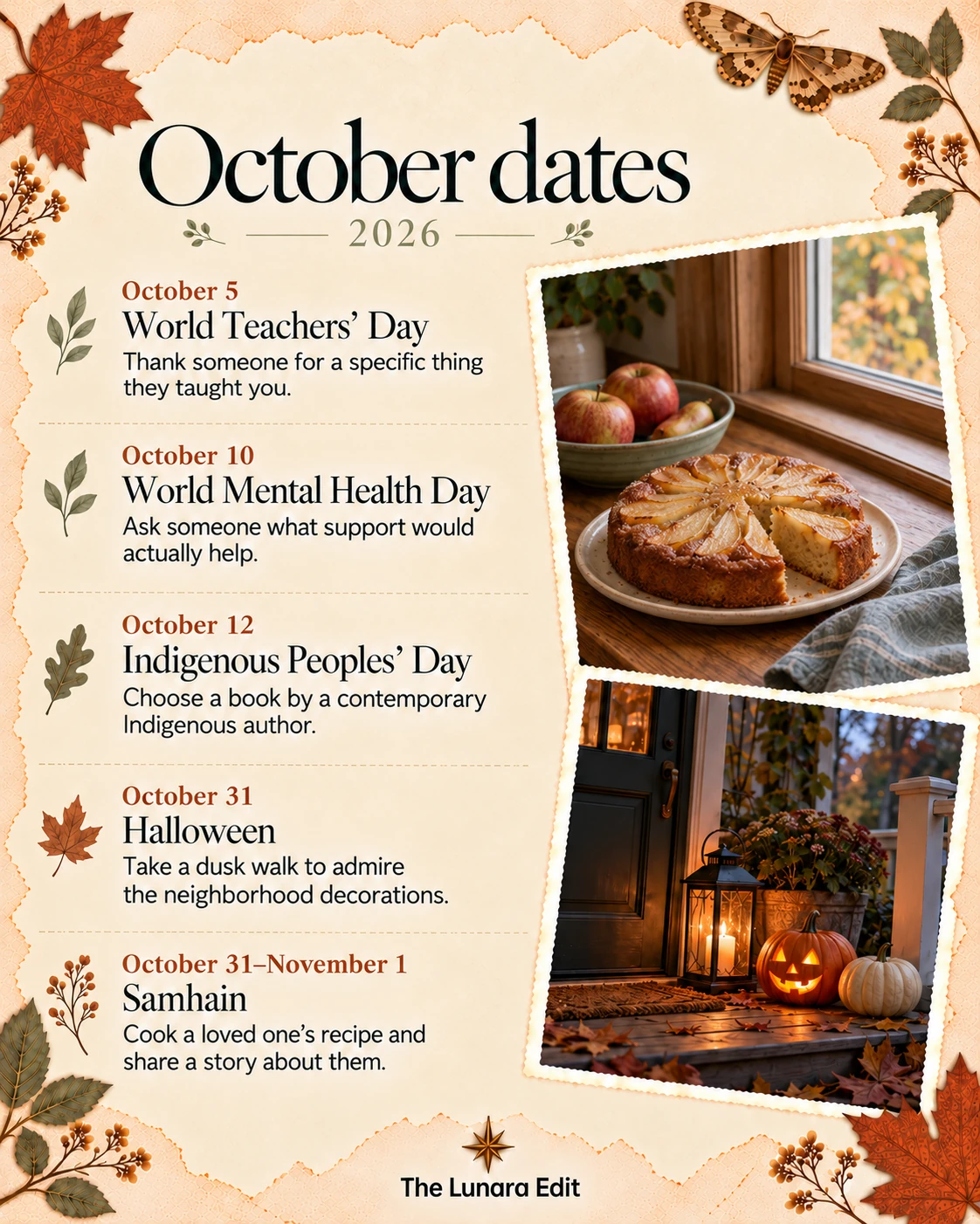 October 2026 dates: Teachers’ Day, Mental Health Day, Indigenous Peoples’ Day, Halloween, and Samhain.