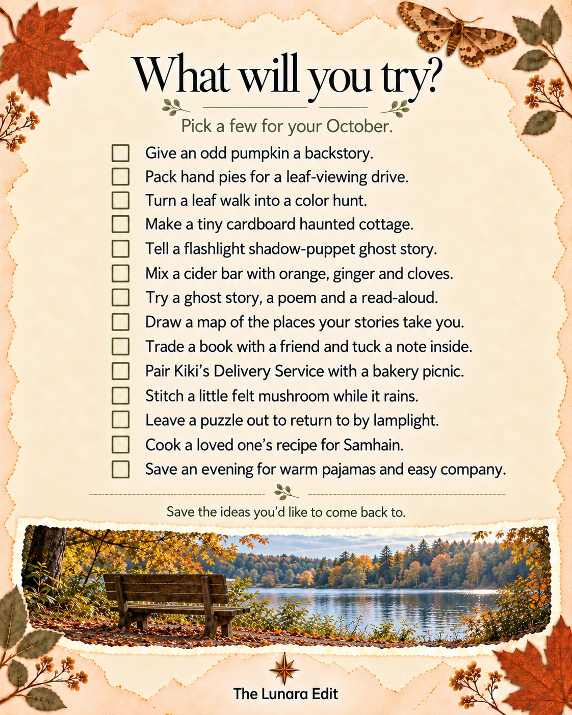 Fourteen October ideas to try, from a leaf-color hunt and haunted cottage to a Samhain recipe and warm pajamas.