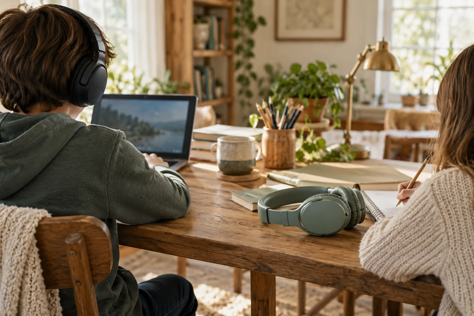 Two adjacent workspaces: one older child uses headphones at a laptop while another writes in a notebook