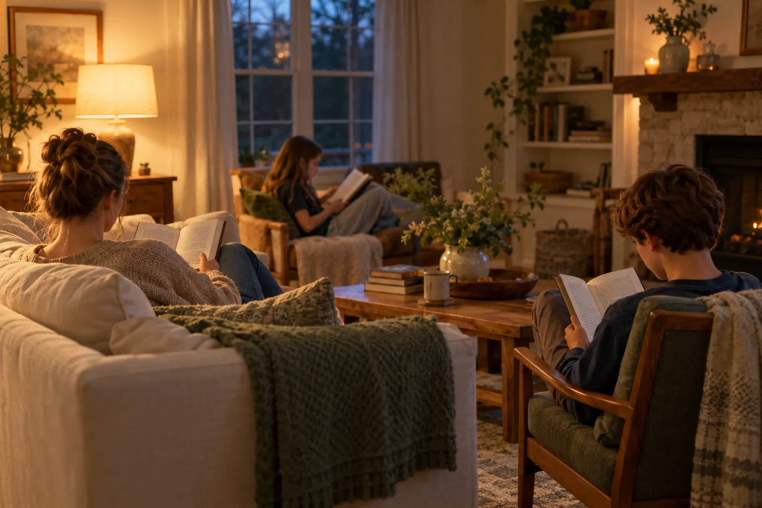 A mother and two older children quietly read separate books together in a warmly lit living room