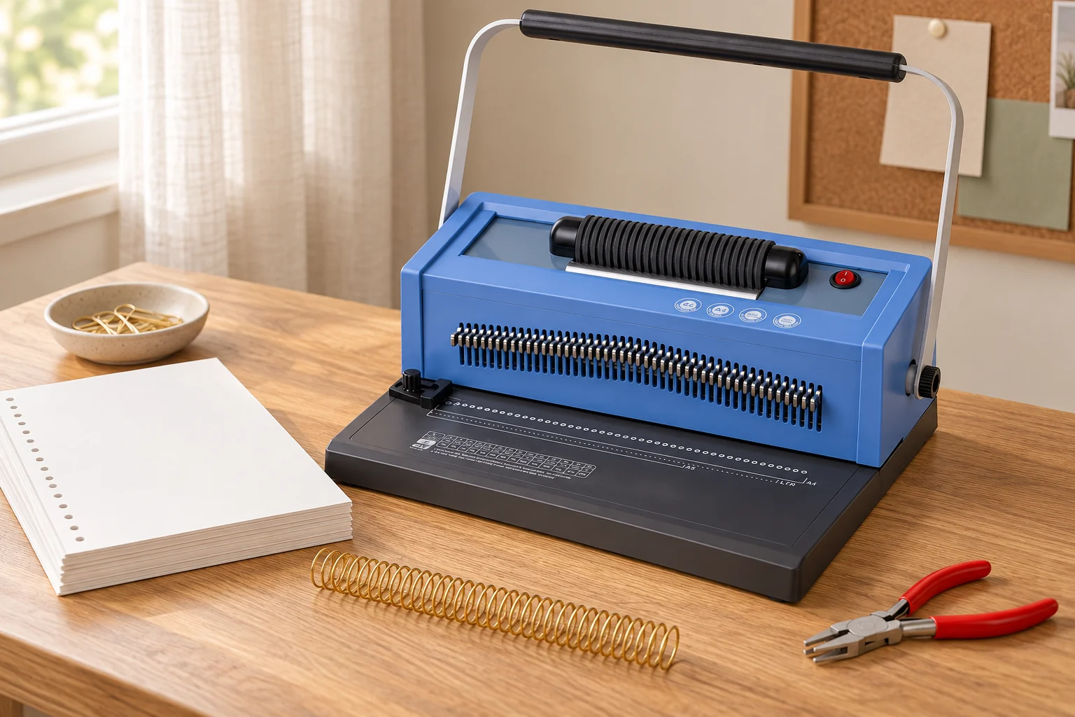 Blue TIANSE spiral binding machine beside punched pages and loose gold metal spiral coils on an oak table