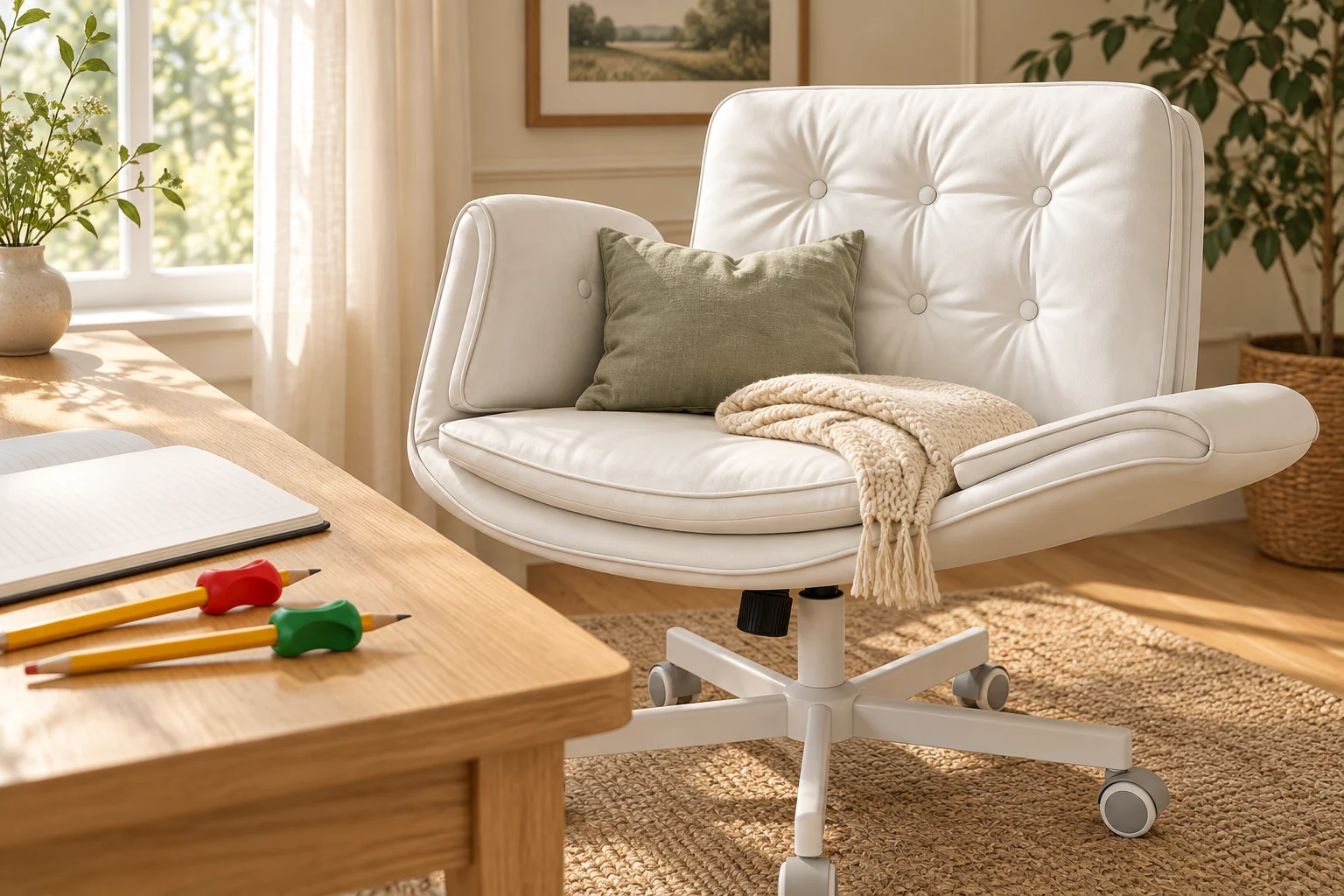 White tufted swivel chair with folding arms, a sage pillow and cream blanket, beside a notebook and colorful pencil grips