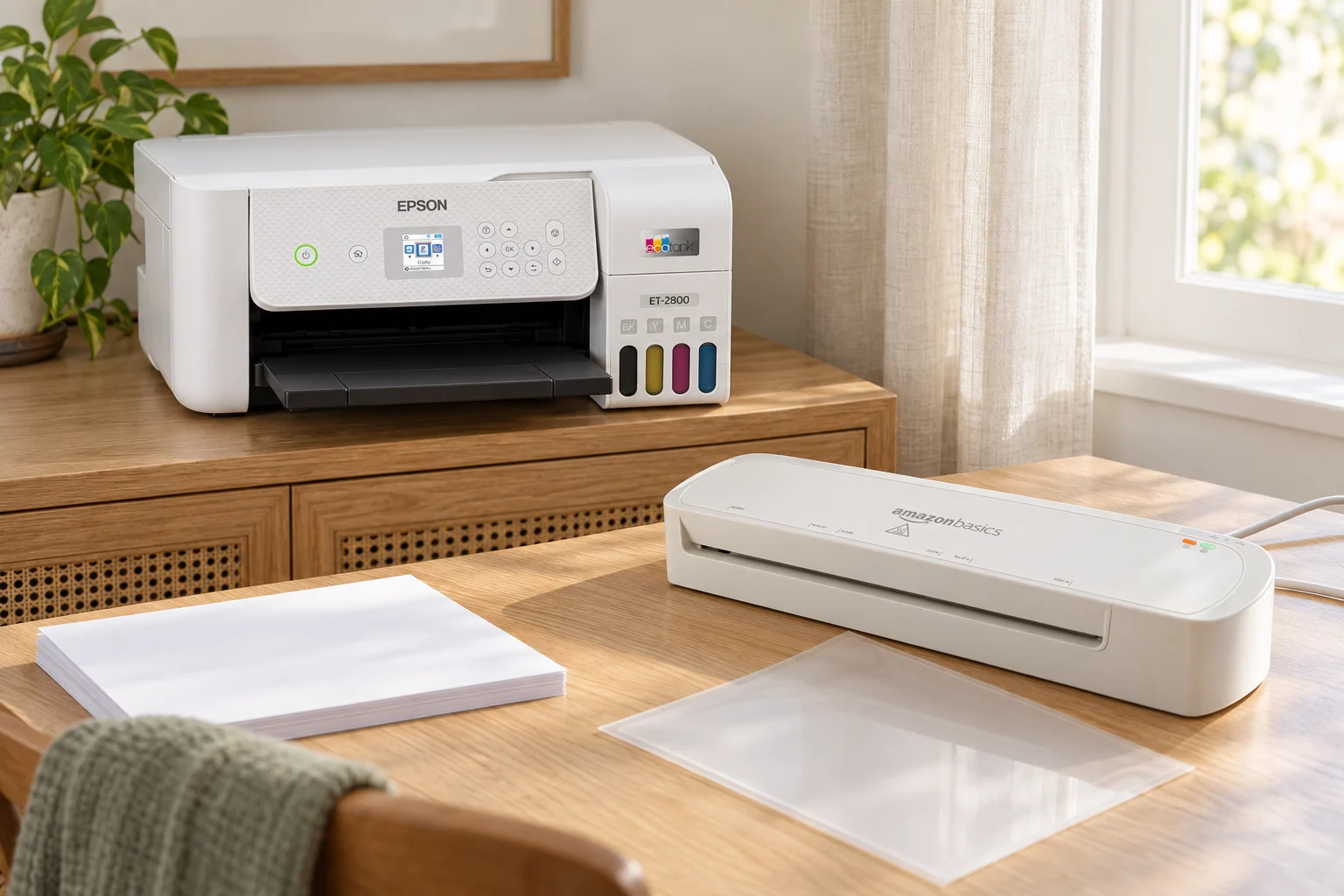 Styled homeschool corner with a white Epson EcoTank printer and an Amazon Basics laminator on warm wood surfaces