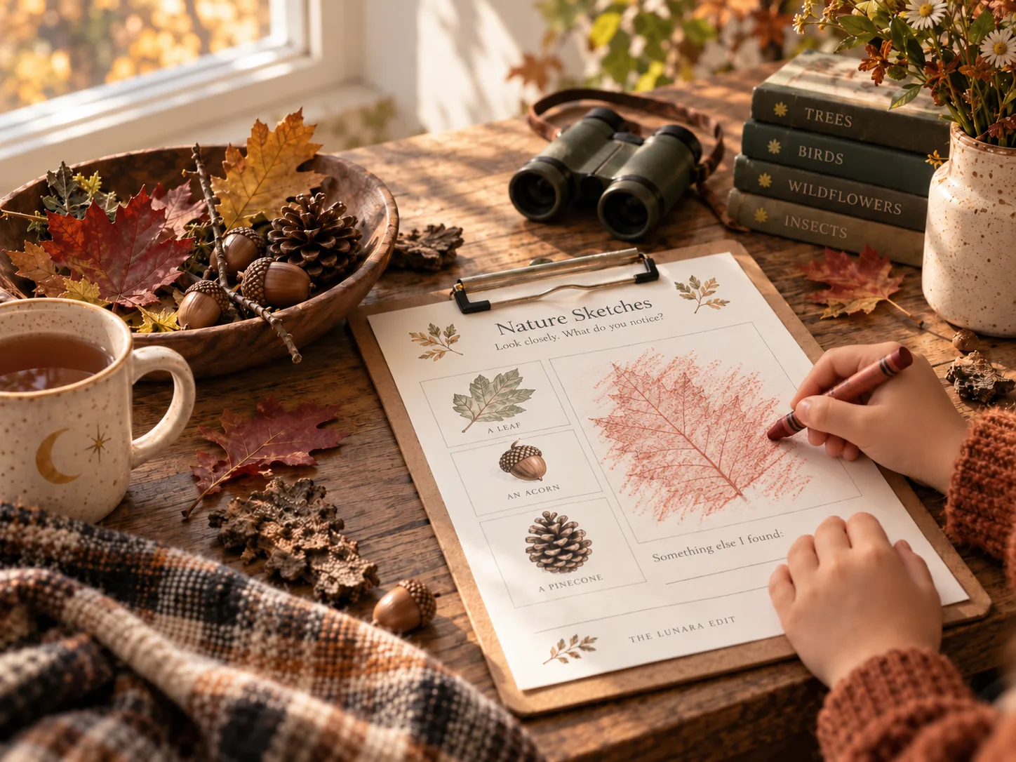 A child rubbing a crayon over paper with a leaf underneath, revealing the leaf outline and vein texture.