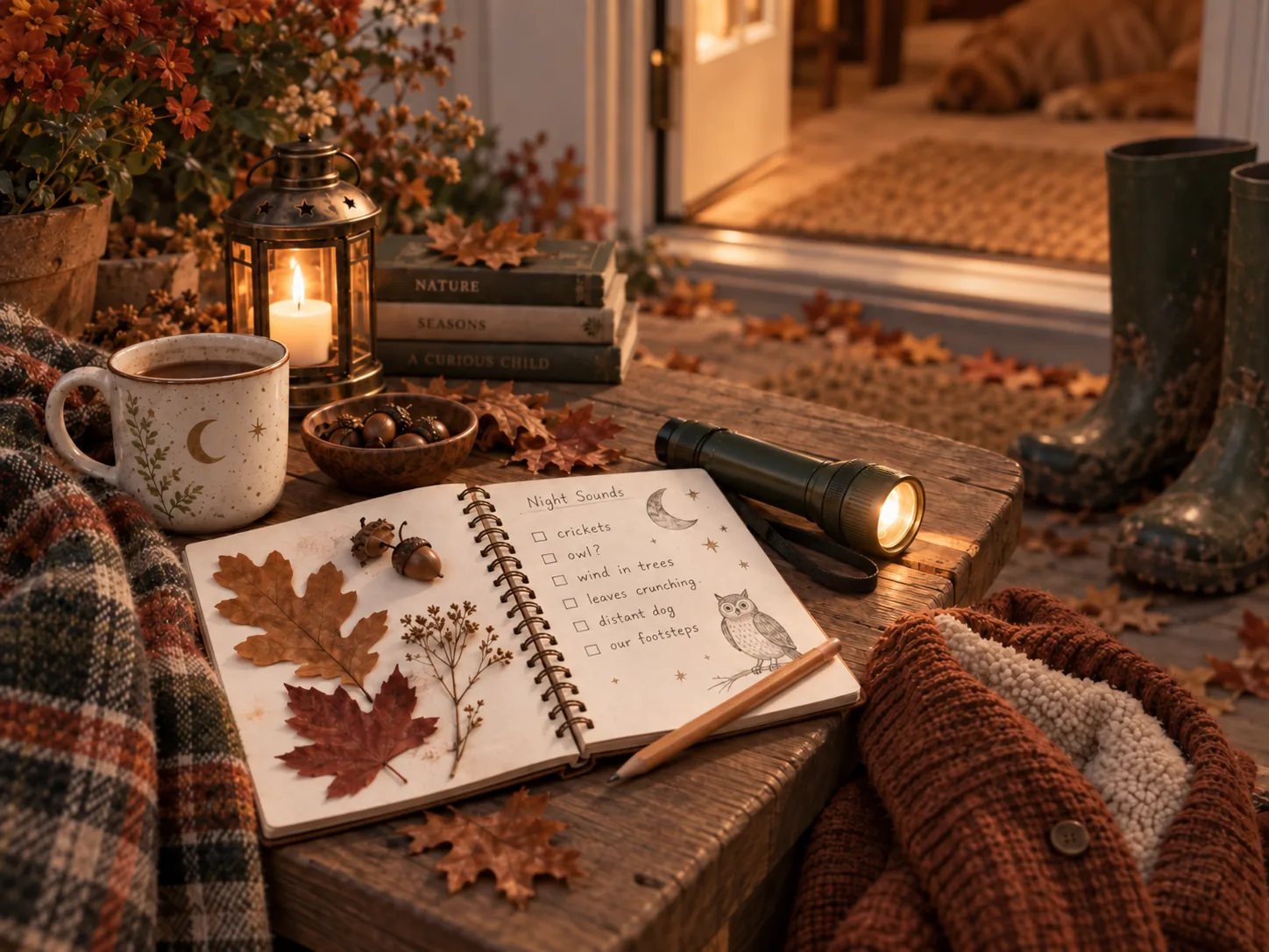 A cozy autumn porch setup with a flashlight, nature journal, fallen leaves, mug, and boots ready for listening to night sounds.